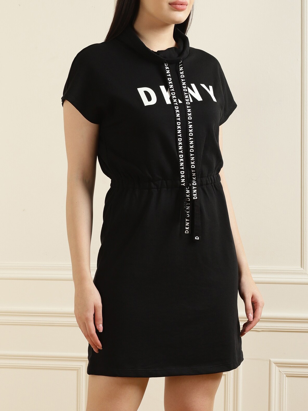 

DKNY Black Printed Funnel Neck Sheath Dress