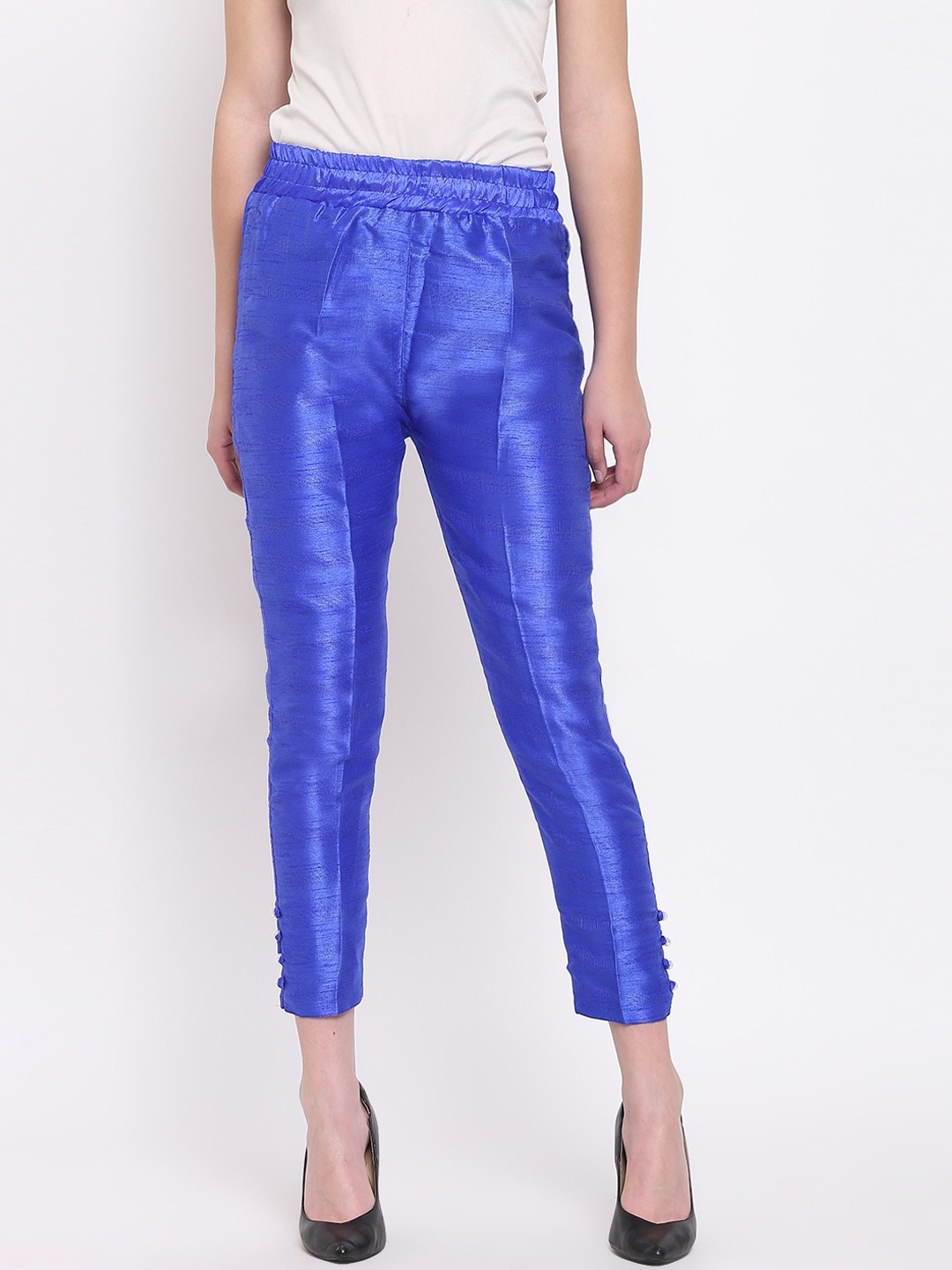 

RIVI Women Blue Solid Cropped Cigarette Trousers