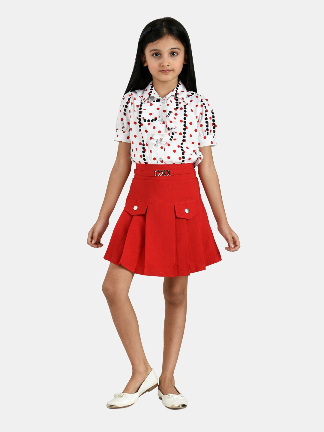 

Peppermint Girls Red & White Printed Shirt with Skirt