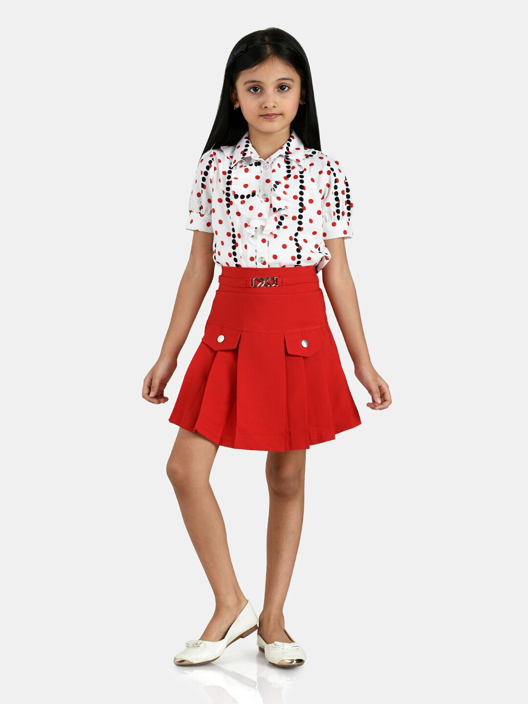 

Peppermint Girls Red & White Printed Shirt with Skirt