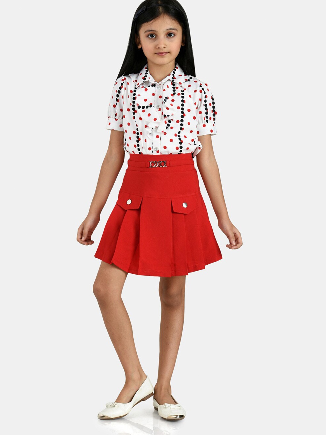 

Peppermint Girls Red & White Printed Shirt with Skirt