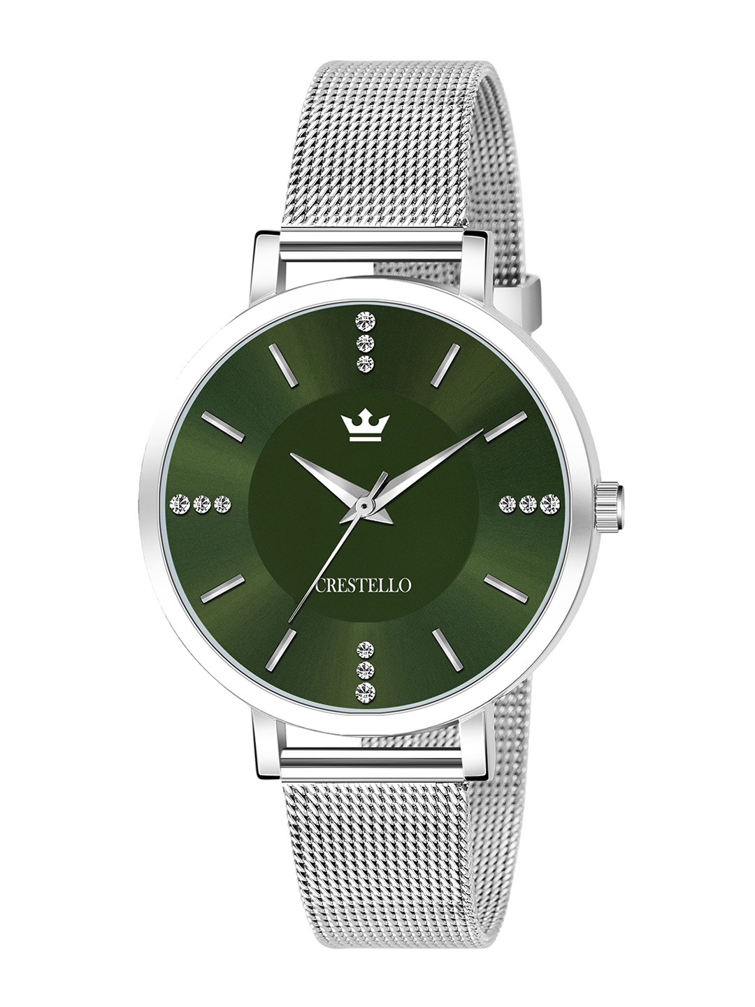 

CRESTELLO Women Green Brass Dial & Silver Toned Stainless Steel Bracelet Style Straps Analogue Watch
