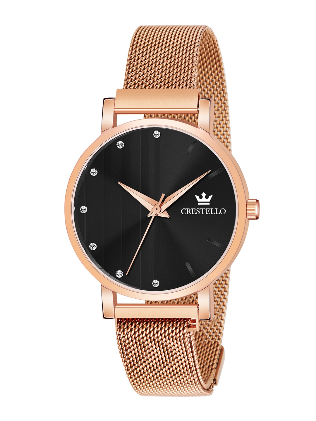 

CRESTELLO Women Black Brass Embellished Dial & Rose Gold Toned Bracelet Style Straps Analogue Watch
