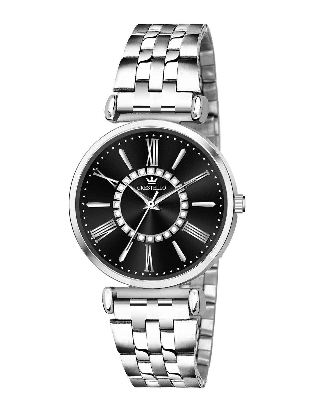 

CRESTELLO Women Black Brass Embellished Dial & Silver Toned Stainless Steel Bracelet Style Straps Analogue Watch