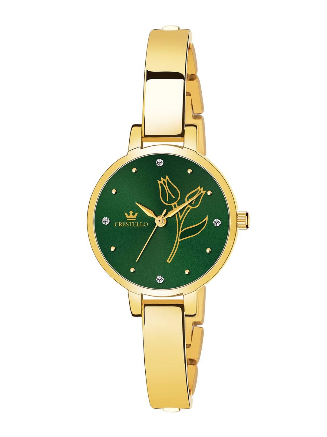 

CRESTELLO Women Green Brass Embellished Dial & Gold Toned Bracelet Style Straps Analogue Watch