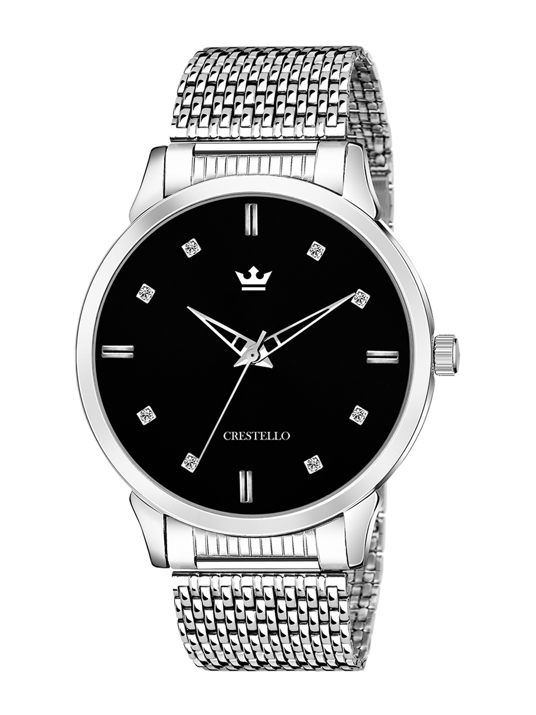 

CRESTELLO Men Black Brass Embellished Dial & Silver Toned Stainless Steel Bracelet Style Straps Analogue Watch