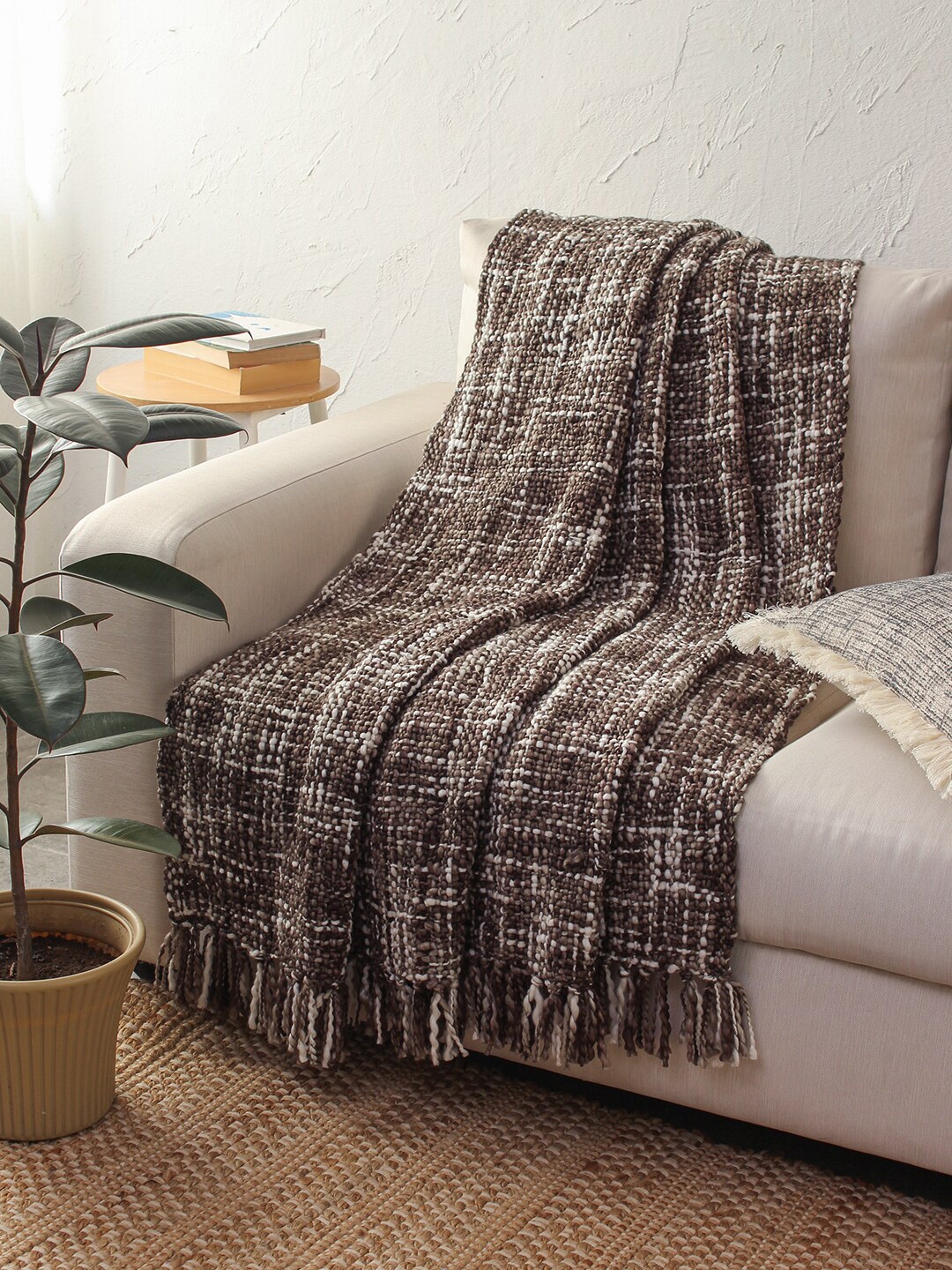 

House This Brown & White Self-Design Sofa Throw