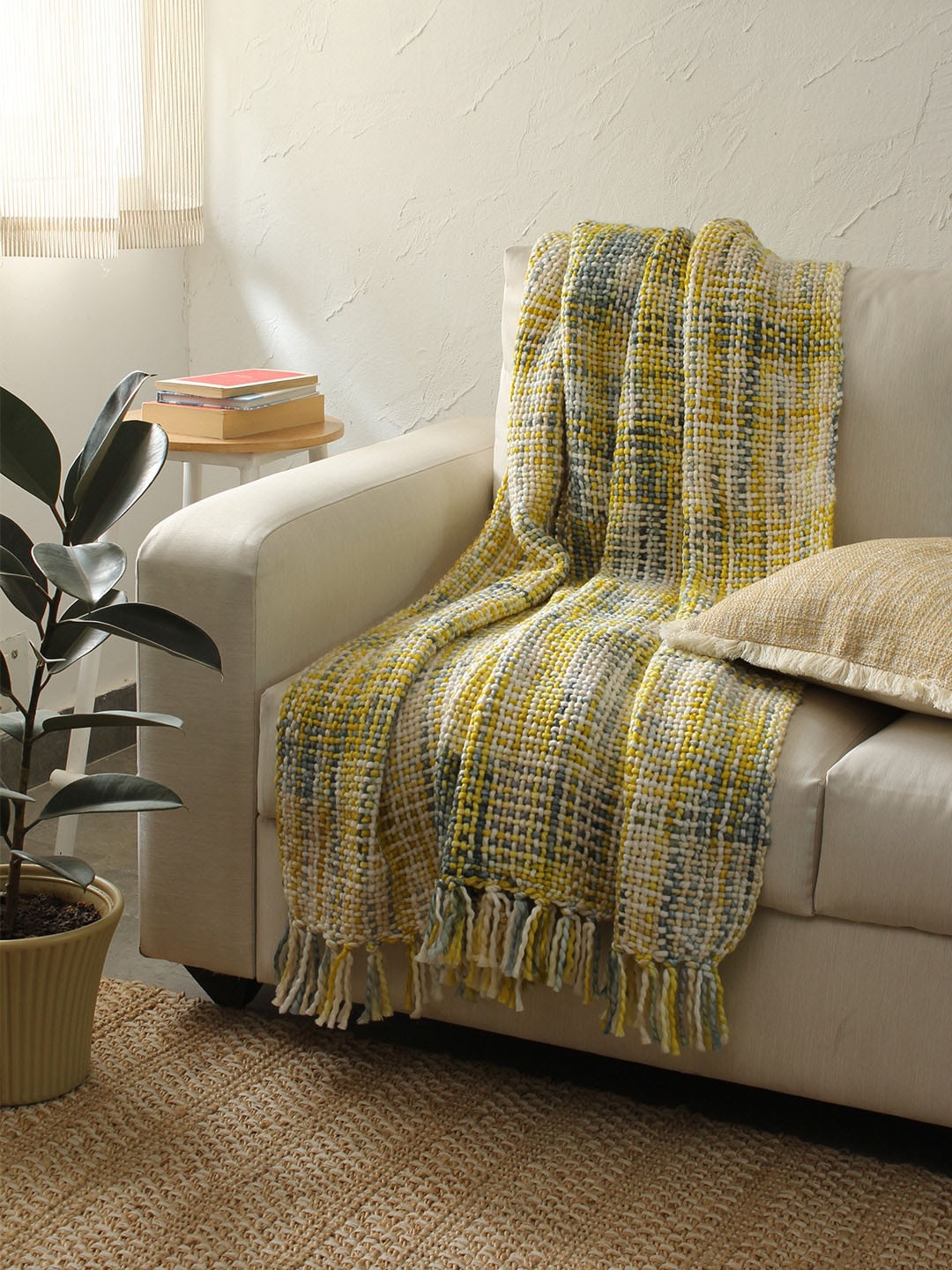 

House This Mustard Yellow & Off-White Self-Design Sofa Throw