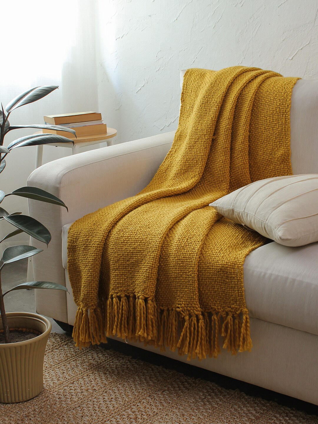 

House This Mustard Yellow Self-Design Sofa Throw