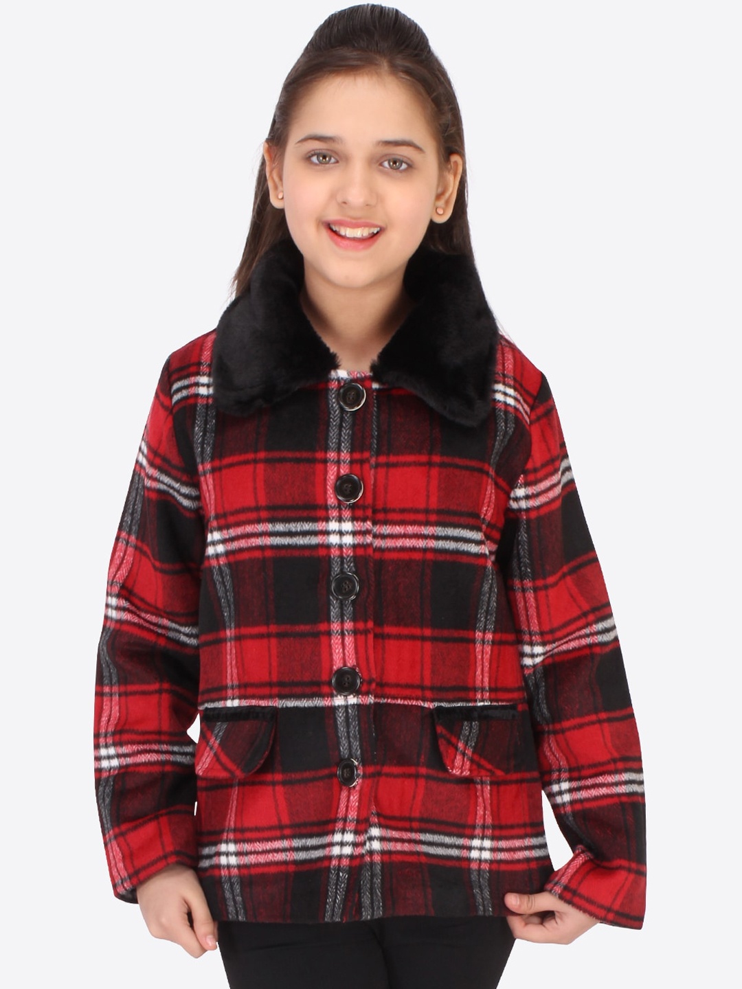 

CUTECUMBER Girls Red & Black Checked Acrylic Tailored Jacket