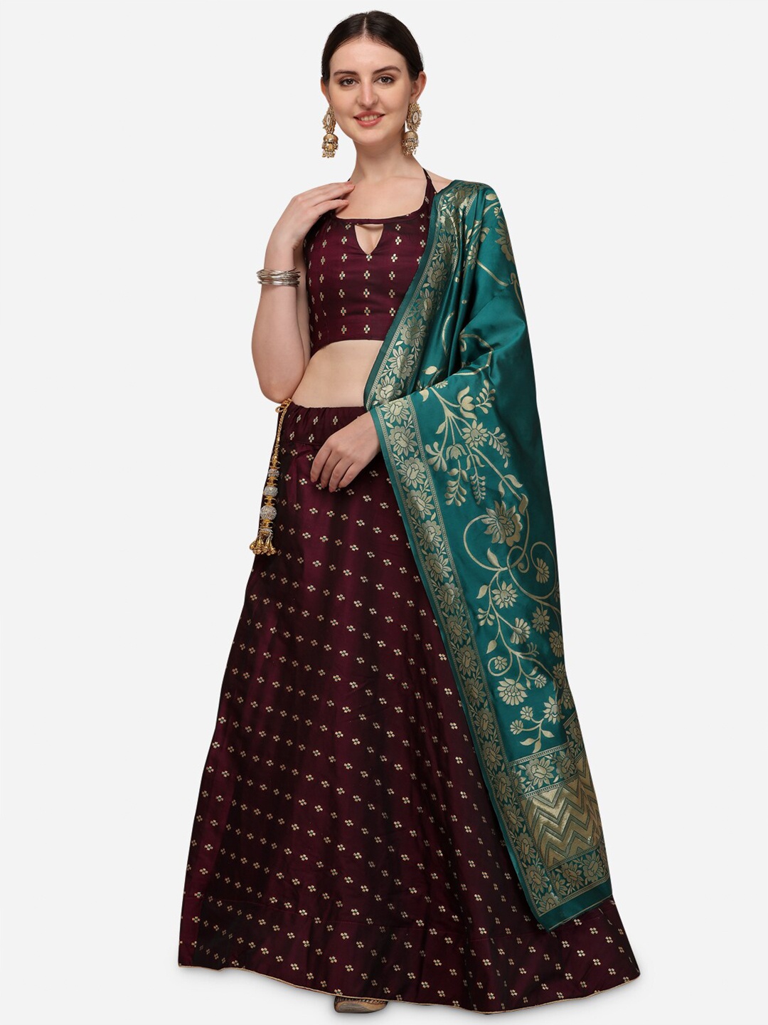 

Mameraa Violet & Sea Green Semi-Stitched Lehenga & Unstitched Blouse With Dupatta