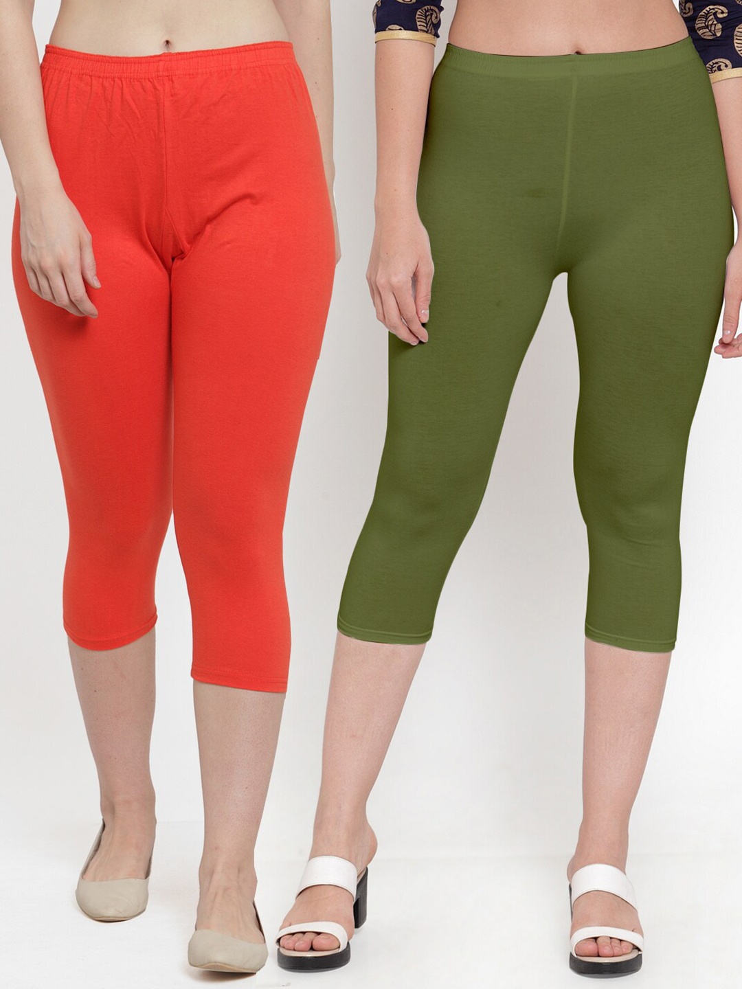 

GRACIT Women Pack of 2 Orange & Olive Green Capris