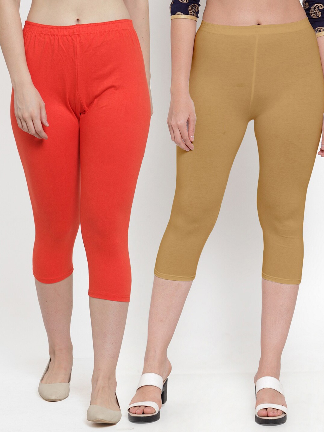 

GRACIT Women Pack Of 2 Solid Capris, Orange