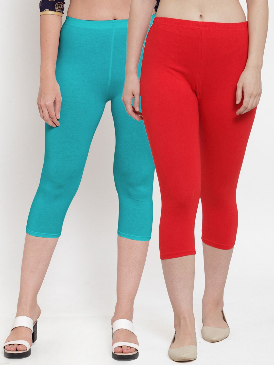 

GRACIT Women Pack of 2 Red & Turquoise Blue Capris