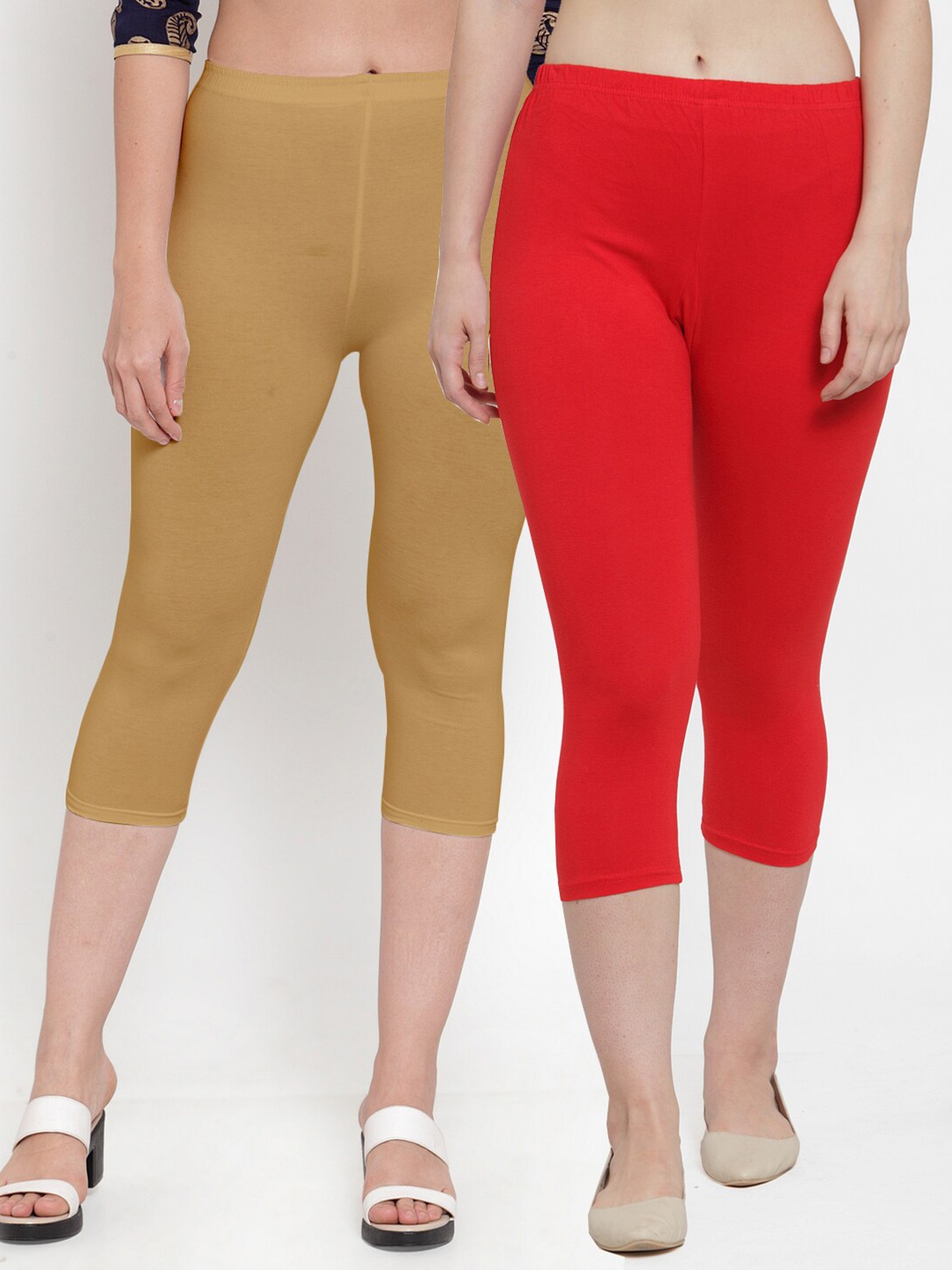 

GRACIT Women Orange & Mustard Set Of 2 Cotton Lycra Capris