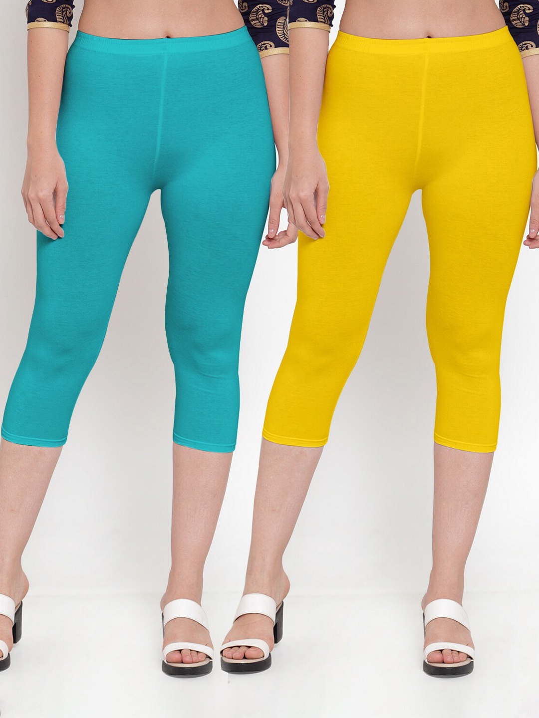 

GRACIT Women Pack of 2 Yellow & Turquoise Blue Capris