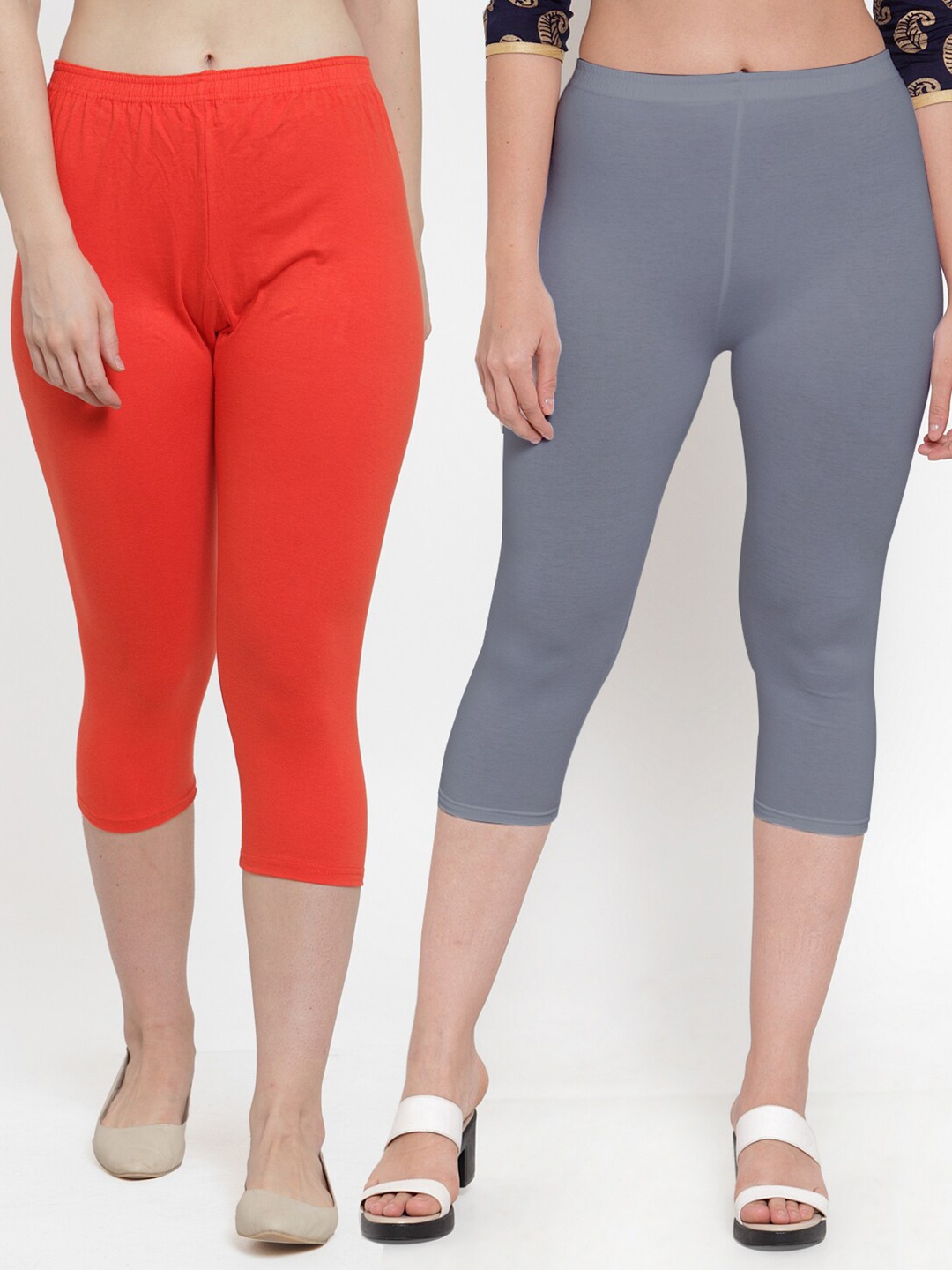 

GRACIT Women Grey & Orange Set Of 2 Cotton Lycra Capris