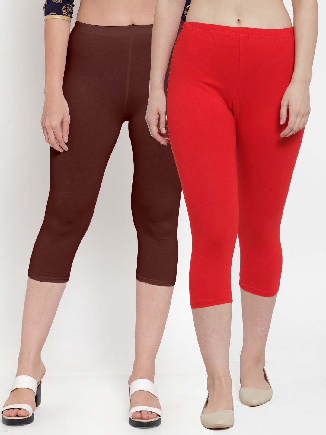 

GRACIT Women Red & Brown Set Of 2 Cotton Lycra Capris