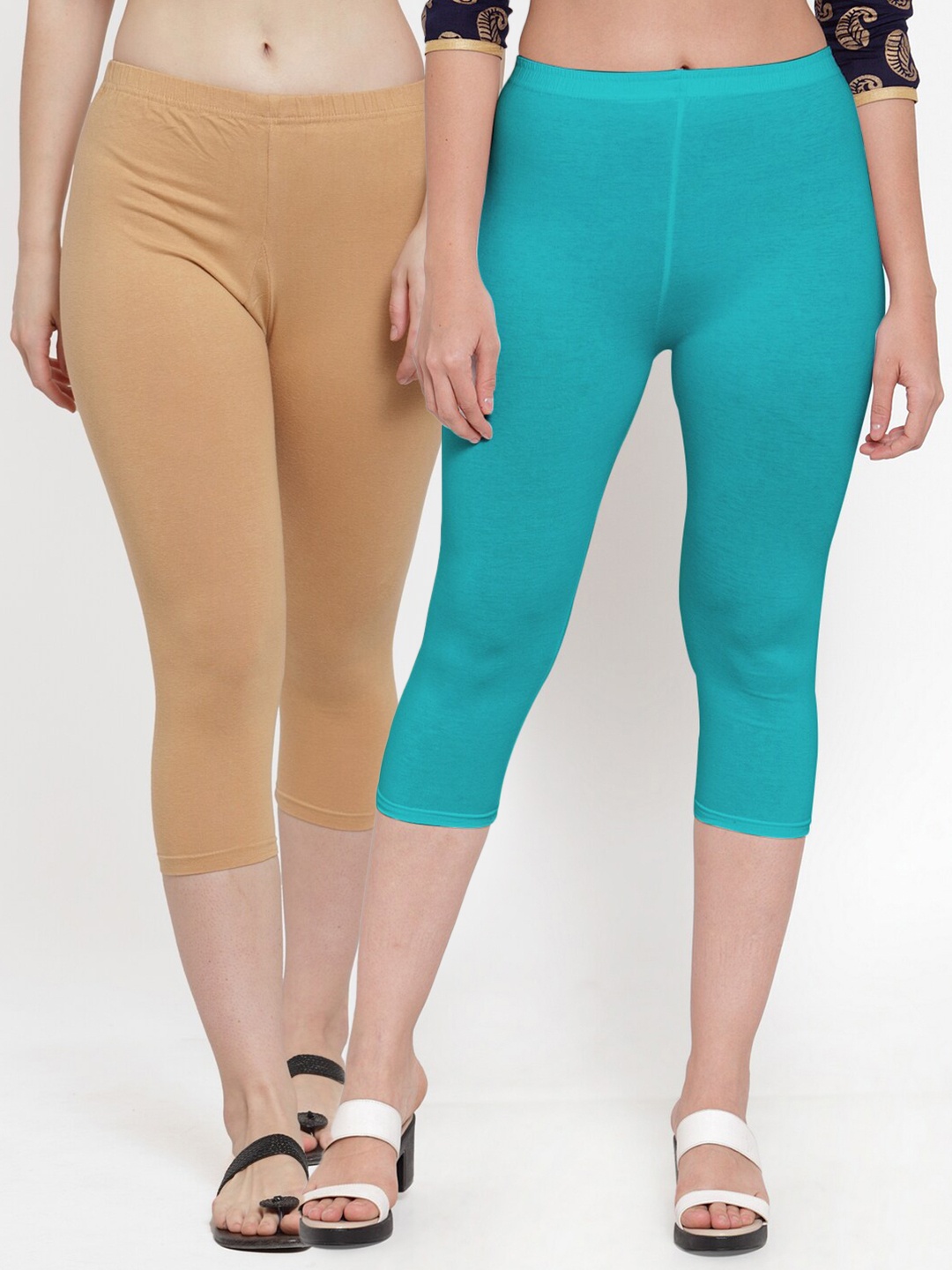 

GRACIT Women Pack of 2 Beige & Teal Capris