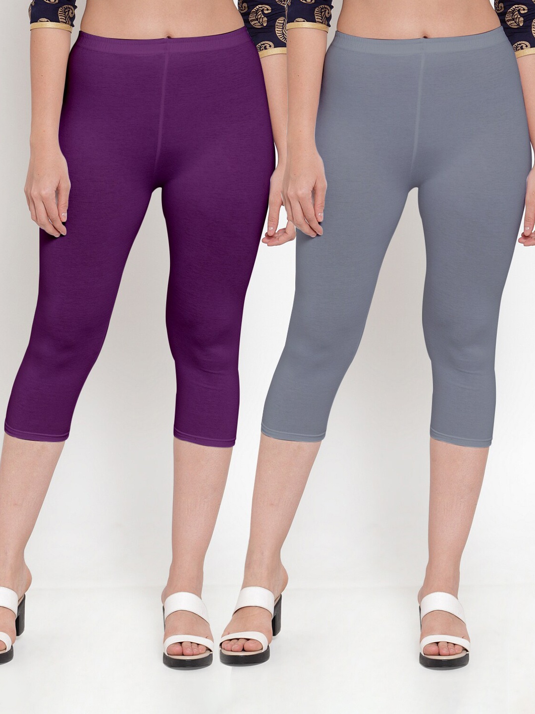 

GRACIT Women Grey & Purple Set Of 2 Cotton Lycra Capris