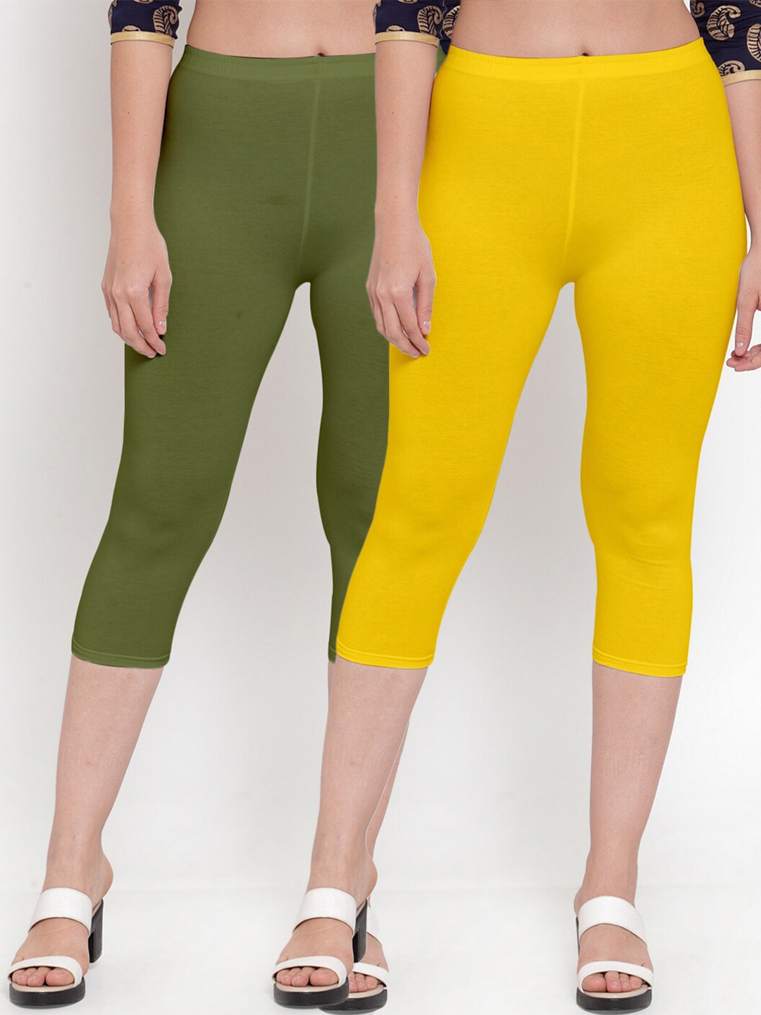 

GRACIT Women Yellow & Green Set Of 2 Cotton Lycra Capris