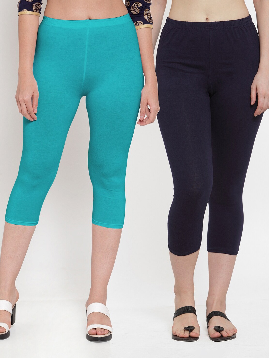 

GRACIT Women Pack Of 2 Navy Blue & Turquoise Blue Capris