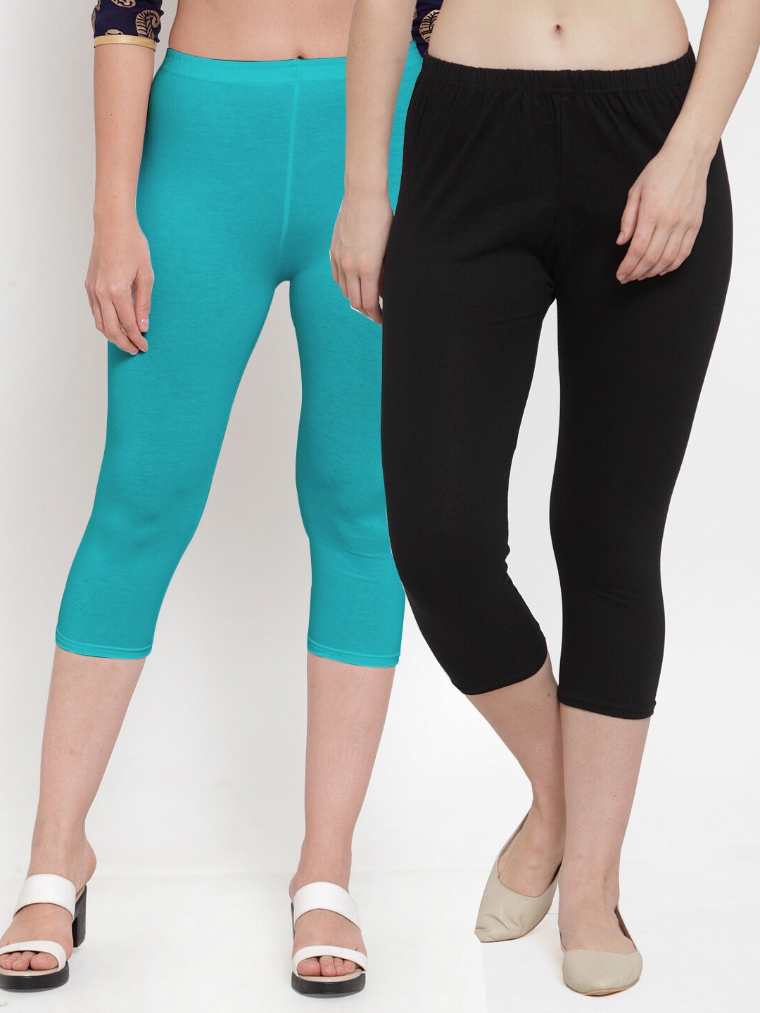 

GRACIT Women Pack of 2 Black & Turquoise Blue Capris