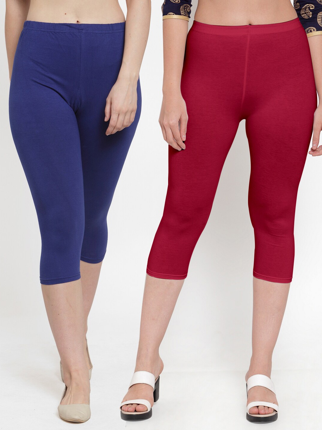 

GRACIT Women Navy Blue & Maroon Set Of 2 Cotton Lycra Capris