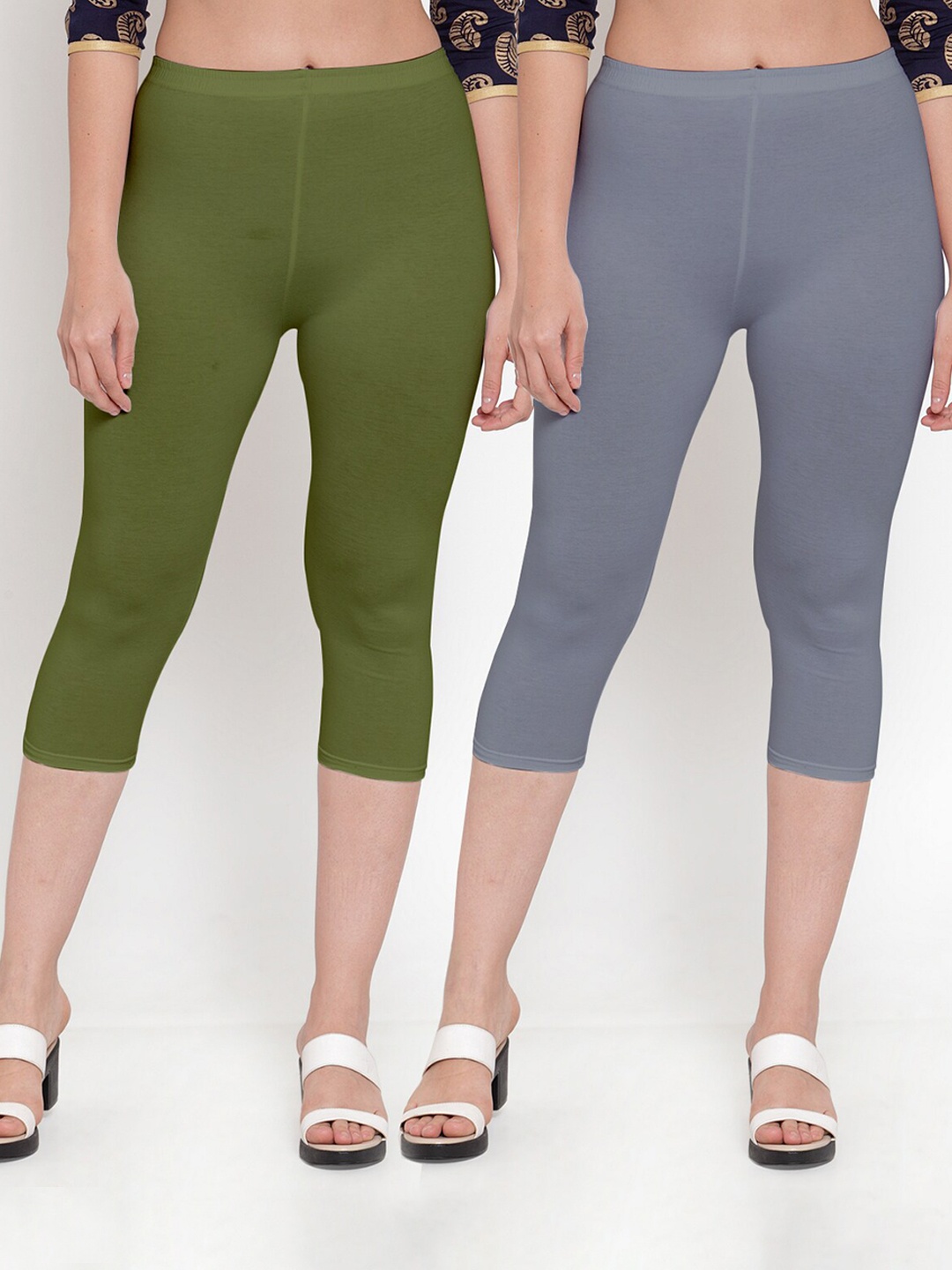 

GRACIT Women Pack of 2 Grey & Olive Green Capris