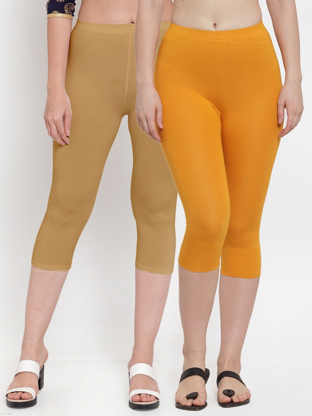 

GRACIT Women Pack Of 2 Yellow & Tan Capris