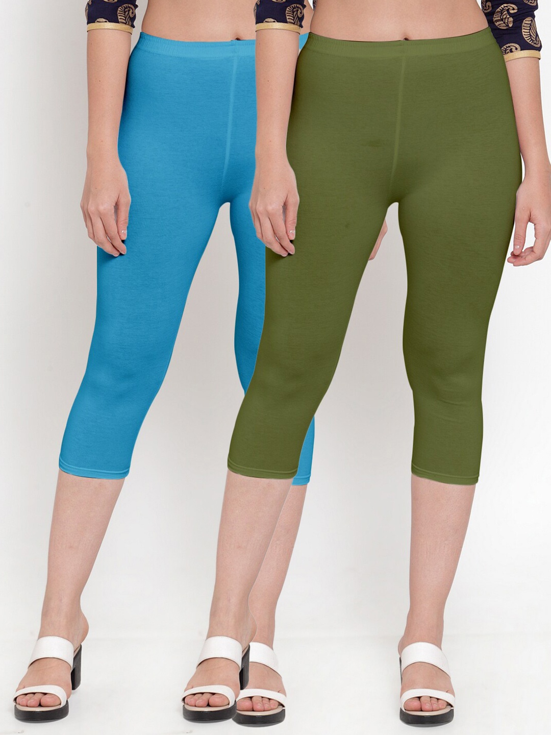 

GRACIT Women Turquoise Blue & Green Set Of 2 Cotton Lycra Capris