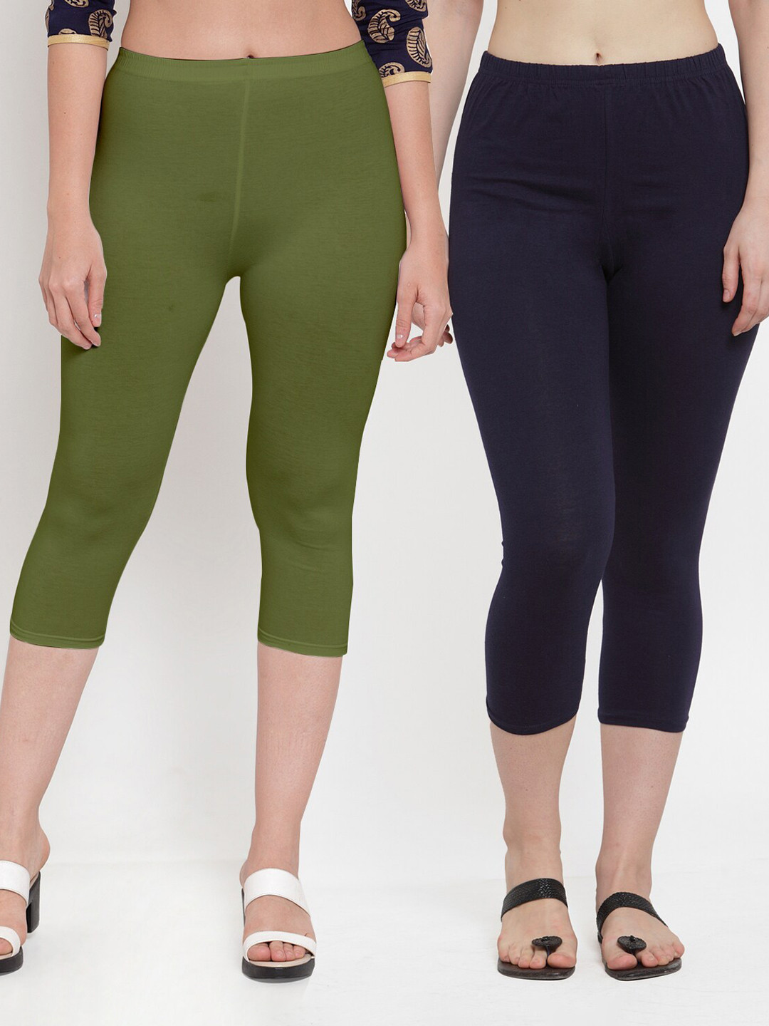 

GRACIT Women Pack Of 2 Navy Blue & Olive Green Capris