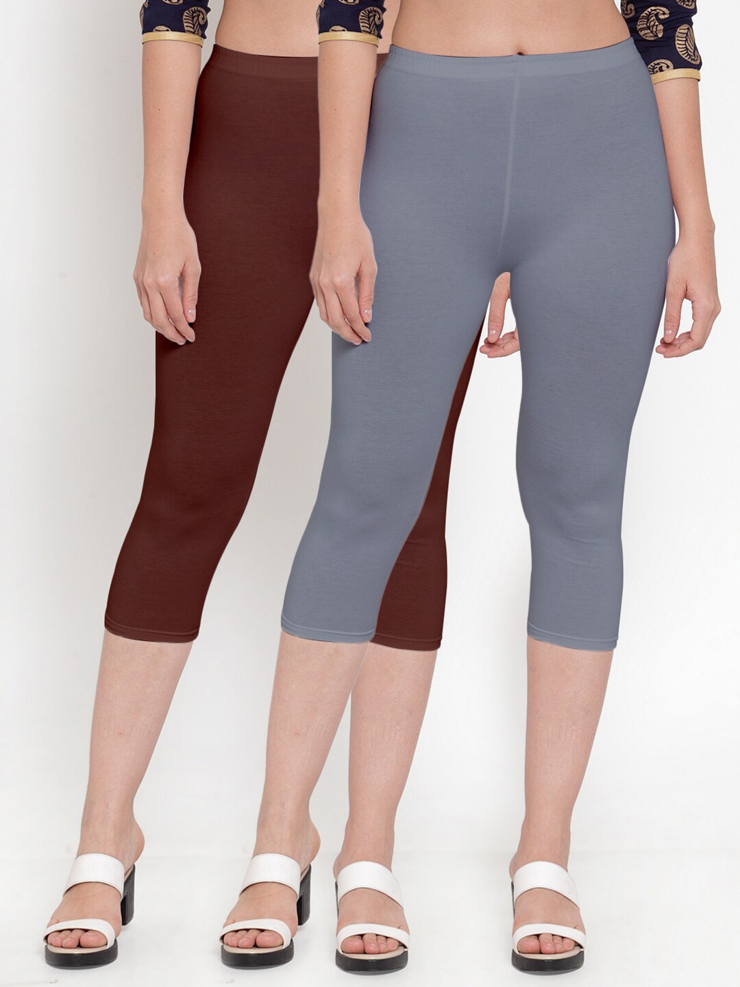 

GRACIT Women Pack Of 2 Grey & Brown Capris