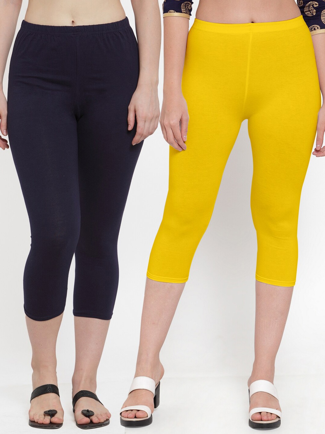 

GRACIT Women Pack Of 2 Yellow & Navy Blue Capris