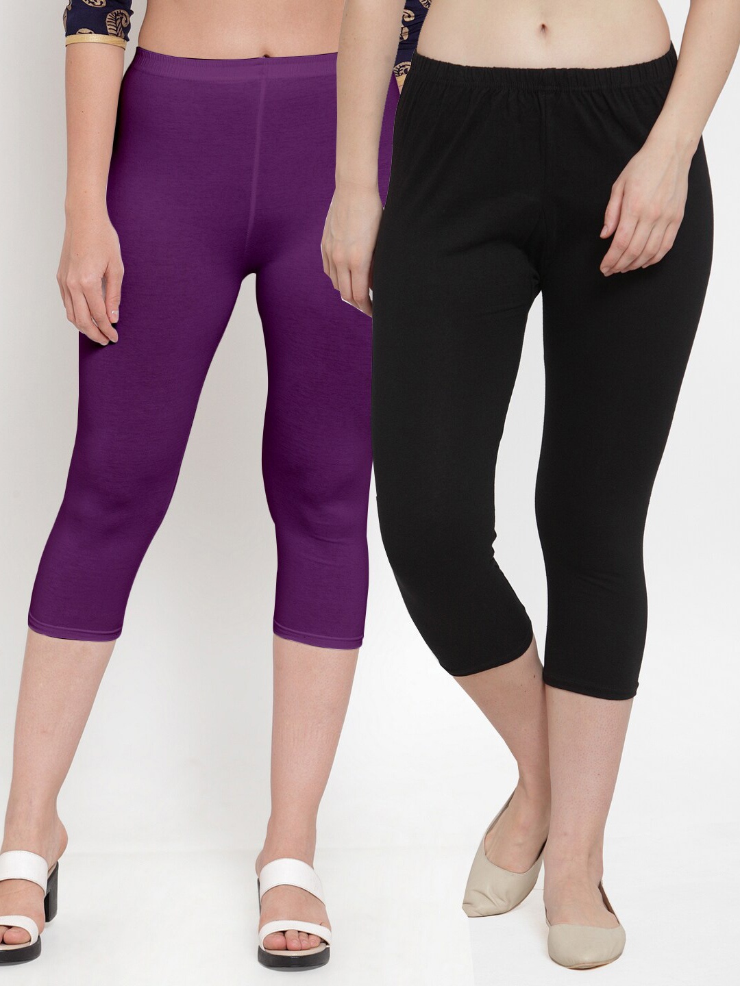 

GRACIT Women Black & Purple Set Of 2 Cotton Lycra Capris