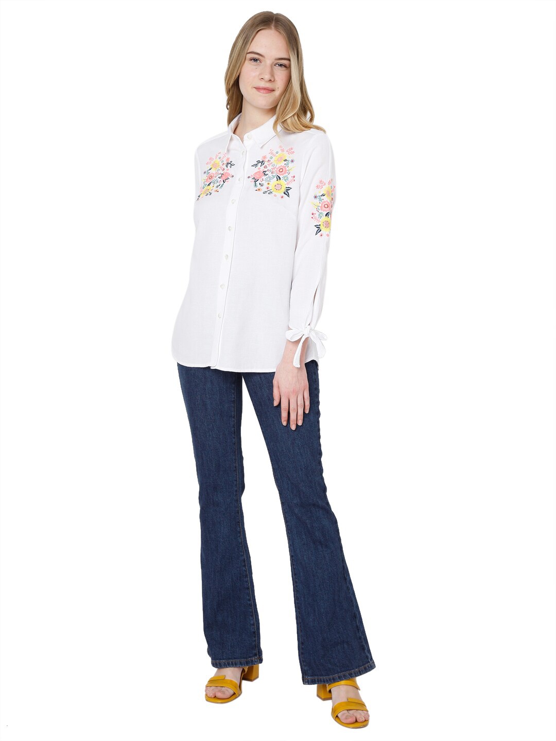 

Vero Moda Women White Solid Floral Embroidered Casual Shirt