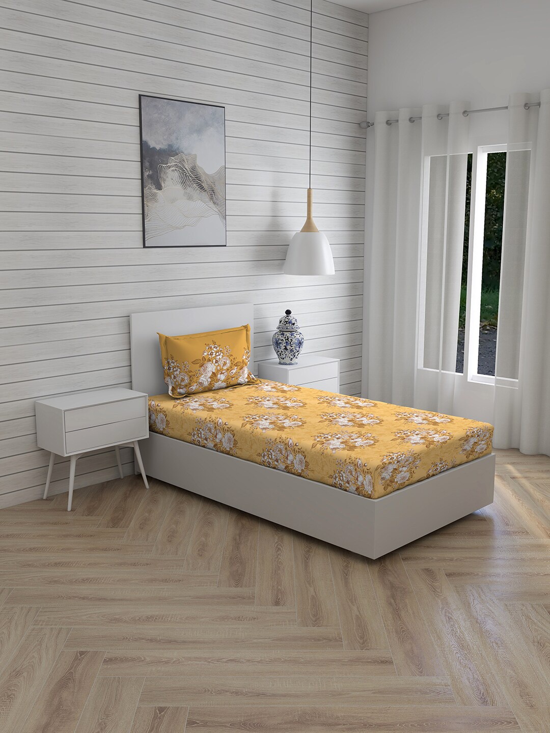 

Layers Mustard & White Floral 104 TC Single Bedsheet with 1 Pillow Covers