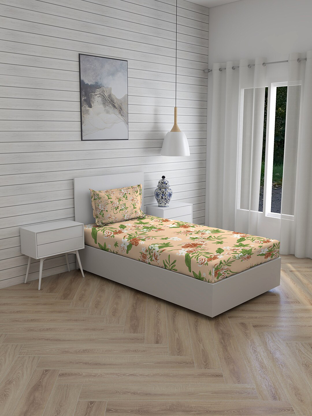 

Layers Beige & Green Floral 104 TC Single Bedsheet with 1 Pillow Cover