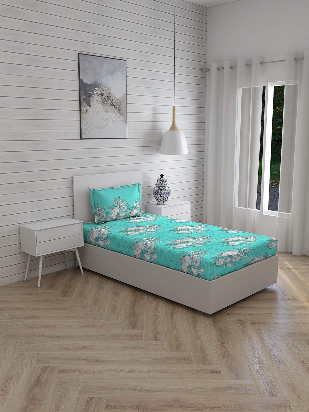 

Layers Turquoise Blue & White Floral 104 TC Single Bedsheet with 1 Pillow Covers