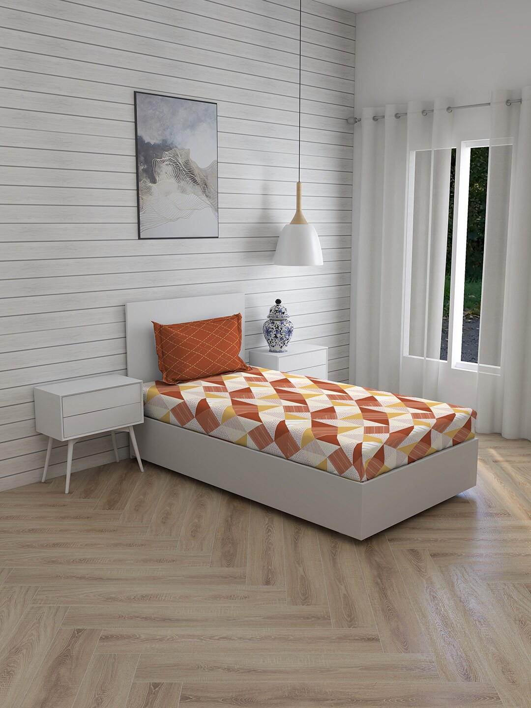 

Layers Brown & White Geometric 104 TC Single Bedsheet with 1 Pillow Covers
