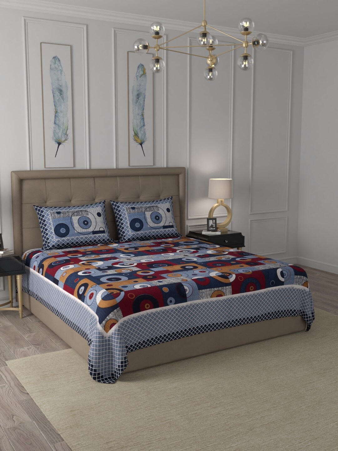 

JAIPUR FABRIC Blue Geometric 300 TC Pure Cotton 1 King Bedsheet with 2 Pillow Covers