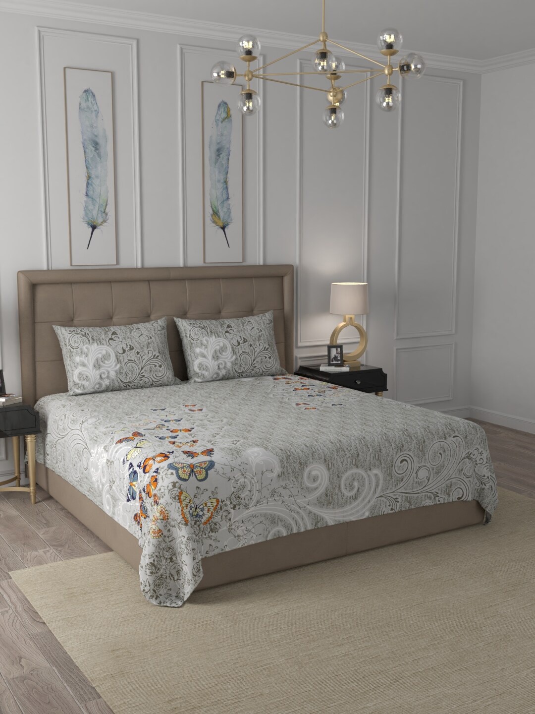 

JAIPUR FABRIC Green & Brown Floral 300 TC Pure Cotton King Bedsheet with 2 Pillow Covers