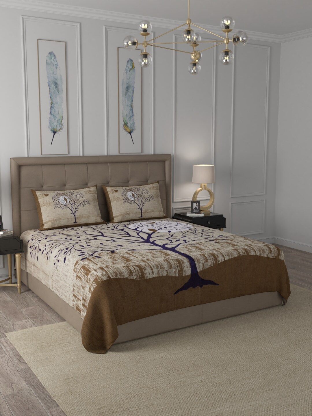 

JAIPUR FABRIC Brown & White Floral 300 TC King Bedsheet with 2 Pillow Covers