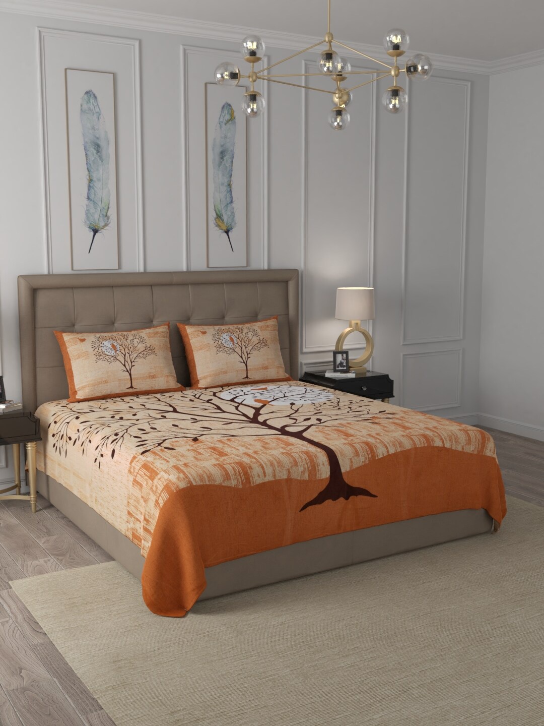 

JAIPUR FABRIC Orange & Brown Floral 300 TC King Bedsheet with 2 Pillow Covers