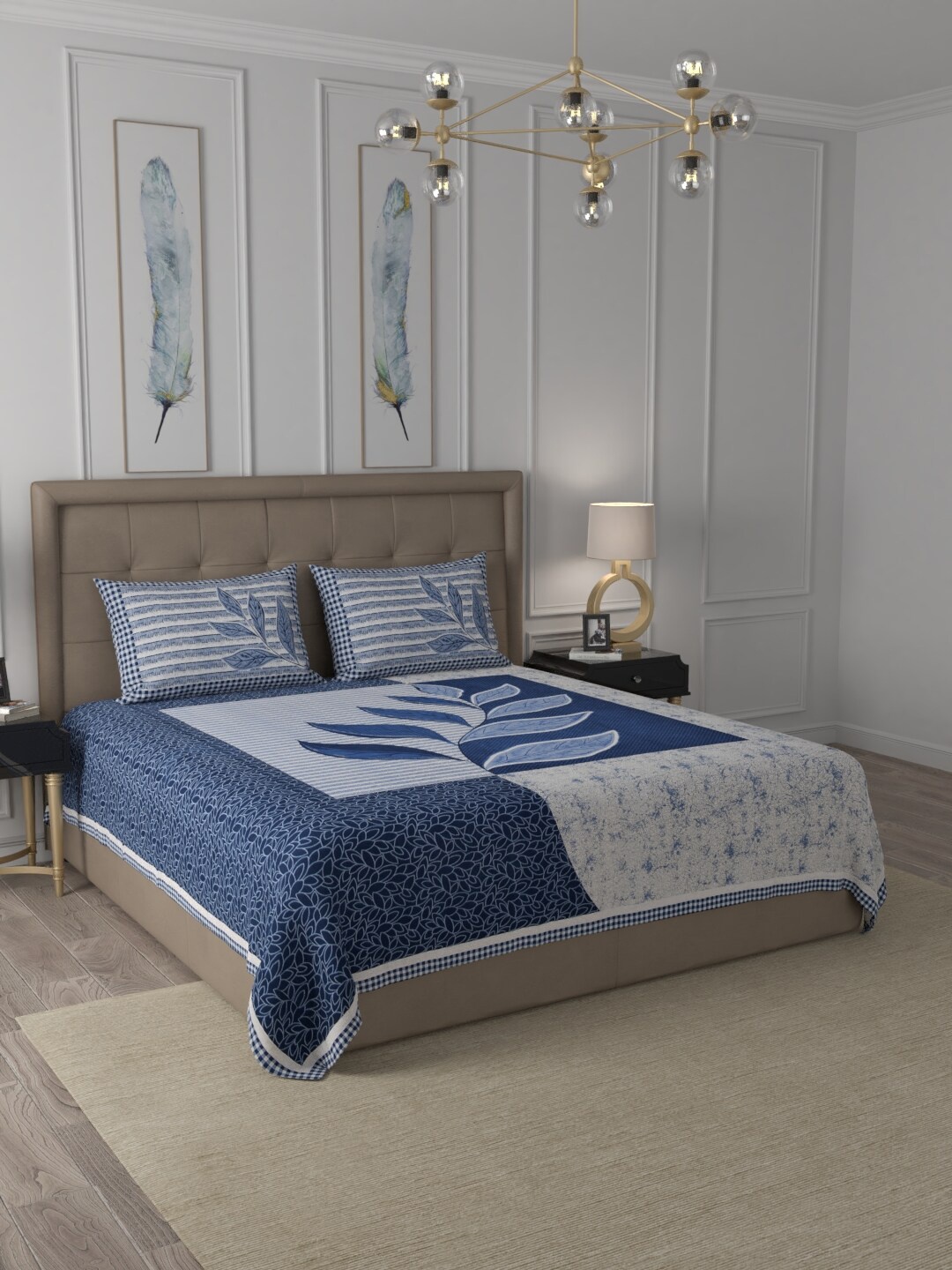 

JAIPUR FABRIC Navy Blue & Blue Floral 300 TC King Bedsheet with 2 Pillow Covers