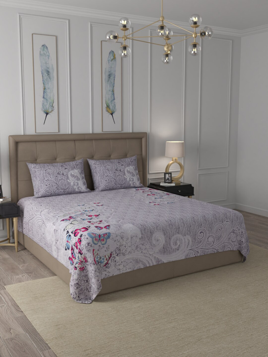 

JAIPUR FABRIC Purple Floral 300 TC Pure Cotton 1 King Bedsheet with 2 Pillow Covers