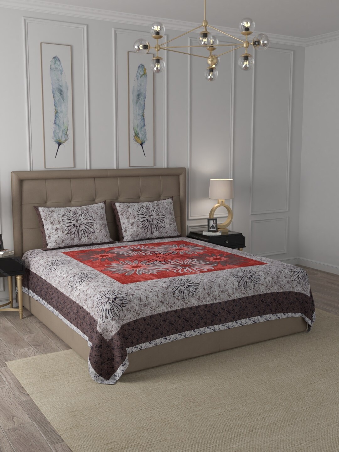 

JAIPUR FABRIC Grey & Red Floral 300 TC King Bedsheet with 2 Pillow Covers