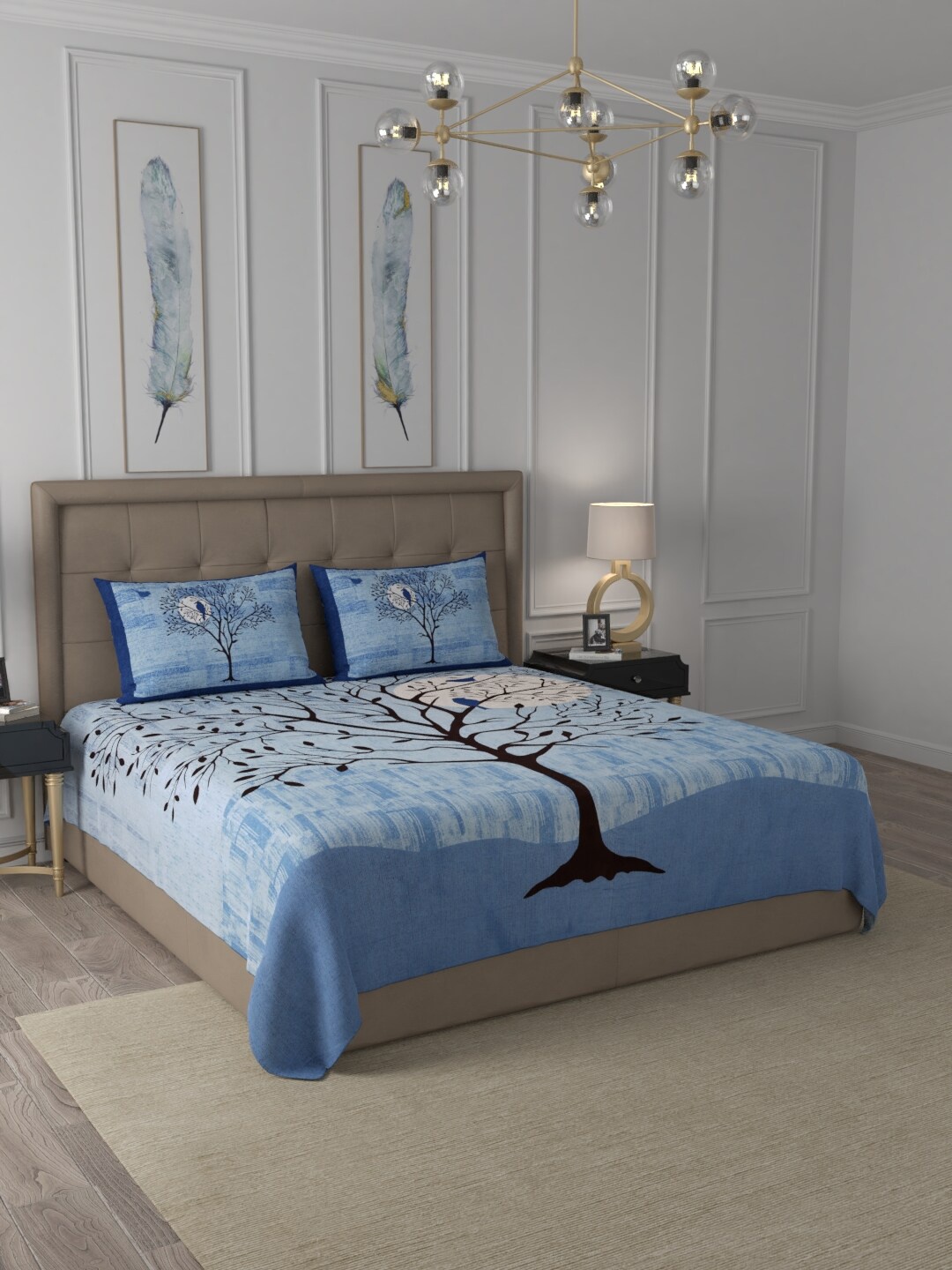 

JAIPUR FABRIC Blue & Black Floral Pure Cotton 300 TC King Bedsheet with 2 Pillow Covers