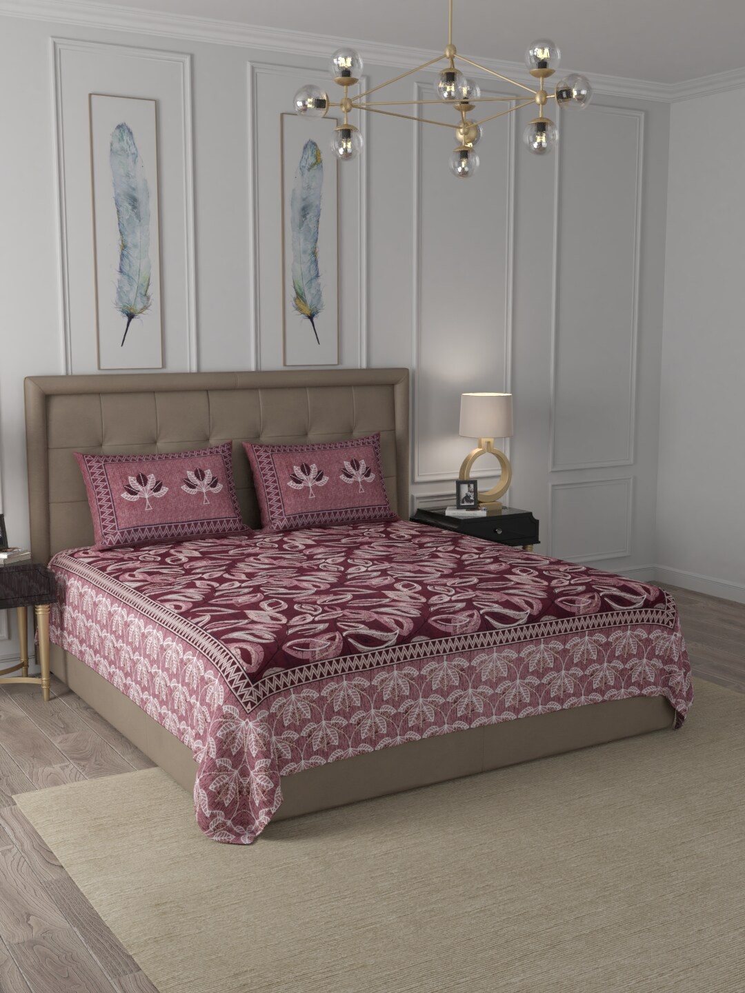 

JAIPUR FABRIC Maroon & White Floral 300 TC King Bedsheet with 2 Pillow Covers