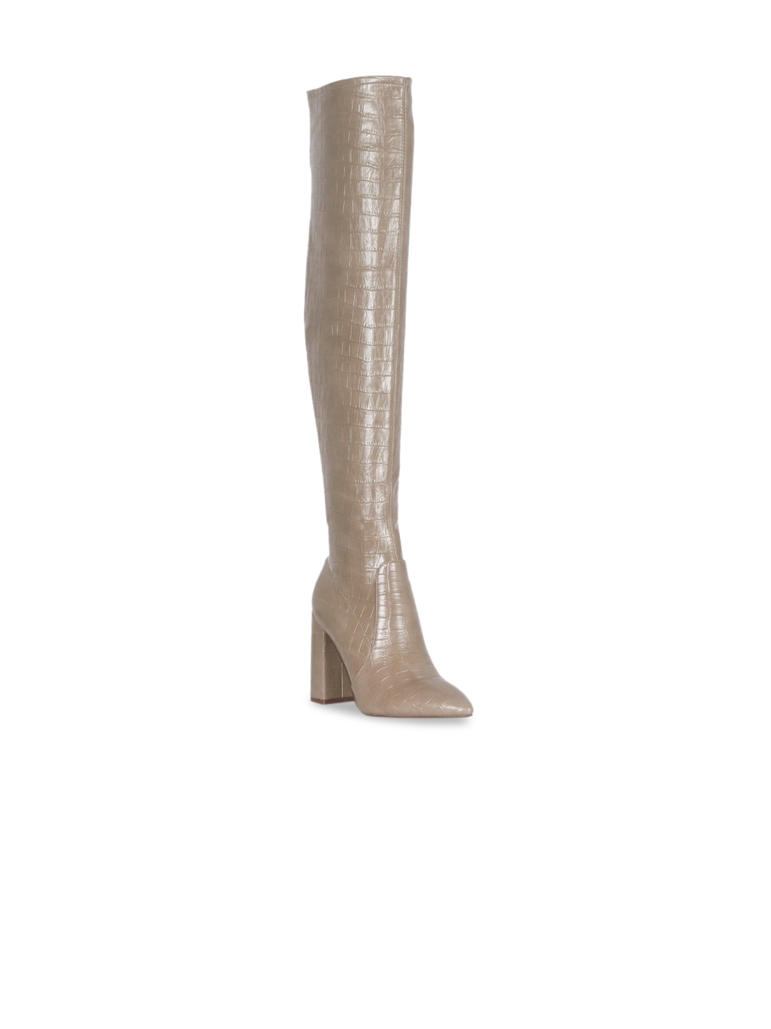

London Rag Women Beige Croc-Textured High-Top Heeled Boots